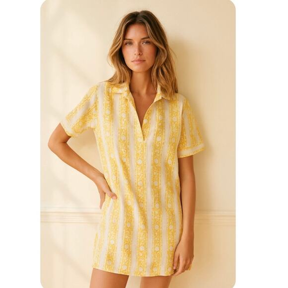 Madison Matthews 100% Cotton Coastal Shirt Dress Yellow White Resort Wear Beach - Picture 1 of 11